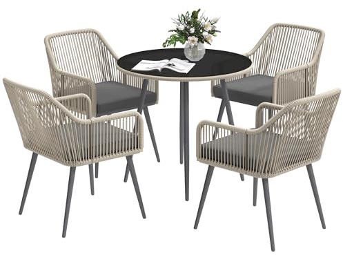 Outsunny Juego de Muebles de jardín de Mimbre de 4 plazas, Mesa y sillas de Exterior, Muebles de jardín con Cojines y Mesa Redonda de Cristal, para terraza, jardín, balcón, marrón