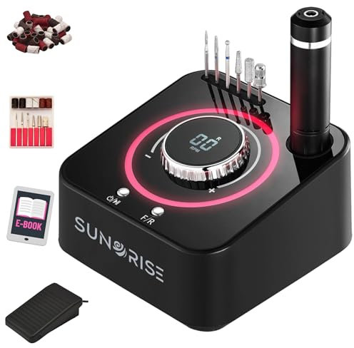 SUNORISE - Fresa per Unghie Professionale - 40000 giri, LED Multicolor e USB - Lima Elettrica per Unghie - 6 Punte 36 Cilindri - Fresa Unghie x Pedicure e Manicure Elettrico - Nail Drill (Nero)