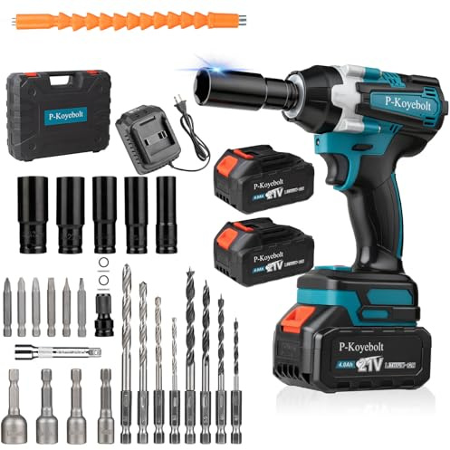 Cordless Impact Wrench 1/2, 406Ft-lbs (550N.m) 21V Brushless Electric Impact Gun, with 4-Mode Speed, 2 Battery & Charger, 5 Sockets 8 Drill 6 Screws, Impact Wrench Set or Tools for Lug Nut Car Tires