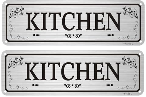 Phyabe 2 Pack Kitchen Sign 25 x 8 cm, Aluminum, Self-Adhesive, Silver | Catering Area Notice Rust Free Aluminum Sign, Weather Resistant, Waterproof, Durable Ink, Pre-Drilled Holes, Easy to Install