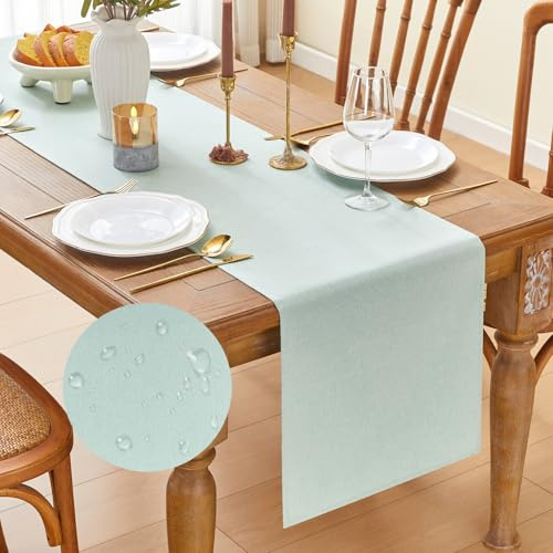 GUJOXILA Modern Tischläufer Grün 40 x 140 cm Tischläufer Frühling Wasserabweisend Abwaschbar Leinenoptik Küche Esstisch Tisch Eukalyptus Grün Dekoration für Hochzeiten Drinnen Urlaub Party Dekor