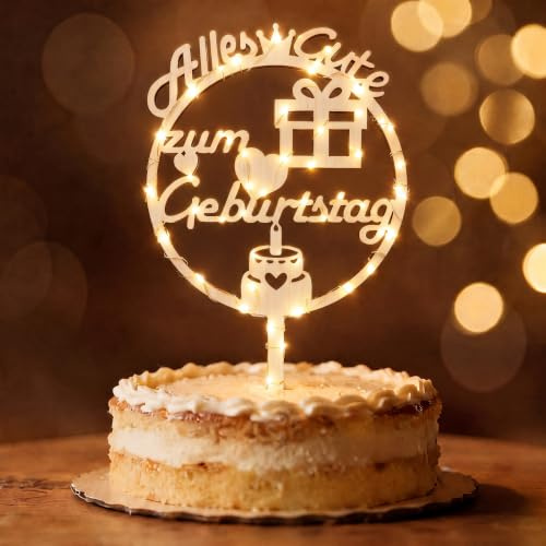 Seutgjie Alles Gute zum Geburtstag Tortendeko Frau Mann mit LED Licht | Geburtstag Cake Topper Mädchen Junge Holz Happy Birthday Tortenaufleger Blumenstecker