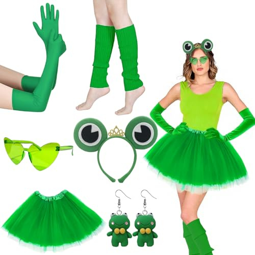Snyvpra Frosch Kostüm Damen Erwachsene 6-teiliges Set mit Krone, Tutu, Handschuhen, Beinlingen, Ohrringen und Brille - Perfektes Froschkönig Kostüm für Karneval, Halloween, Mottopartys