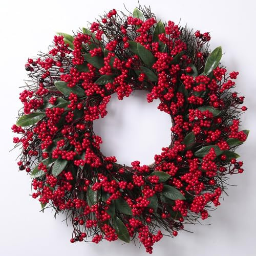 Roter Beerenkranz künstliche Beerenkranz türkranz Weihnachten außen lebensechte Stechpalmen-Winterbeerkranz für Haustür Heimdekoration Weihnachtsdekoration (45cm)
