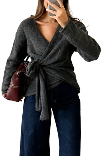 Watashi Women Casual V Neck Wrap Sweater Long Sleeve Cozy Self Tie Belted Knit Sweaters Fall Winter Outfits Cardigan(Darkgrey-S)