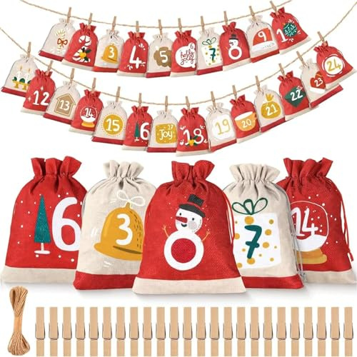 24 Pcs Christmas Advent Calendar Bags,Fillable Advent Calendar,Empty Advent Calendar Bags,DIY Xmas Decorations Candy Gift Bag,Drawstring Pouches Jute Gift Bags (A)