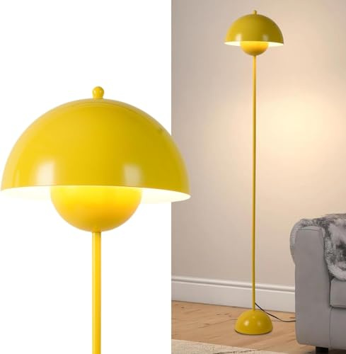 Alpinaluz Golvlampa i stål med välvd lampskärm – modern, nordisk och retrostil, indirekt ljus, E27 LED-uttag, golvströmbrytare för vardagsrum, sovrum och matsal (gul)