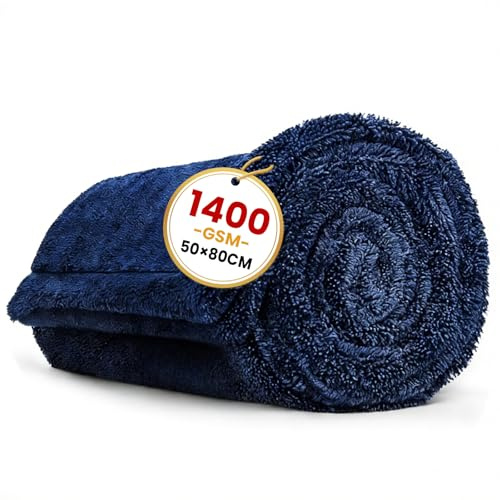 Omtofo 80×50 cm Microfibre Sechage Voiture, 1400GSM Super Absorbant Micro Fibre Sechage Voiture, Non Pelucheux, Fibres Arrondies Douces, Séchage sans Traces, sans Traces pour Auto Moto Vitre (Bleu)