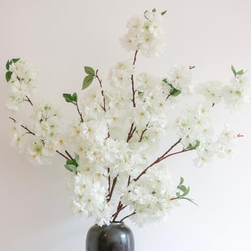 KBREE 47.2 Inches Cherry Blossom Branches, 3 Pieces Artificial White Flower Branches, Extra Long Flower Stems for Vase, Cherry Blossom Decor for Home Weding Party or Office (Soft White)
