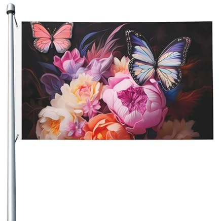 Bandera de doble cara con estampado de mariposas y arbustos frescos, 3 x 5 pies, ligera y no destiñe con ojales, ideal para fiestas al aire libre y jardines.
