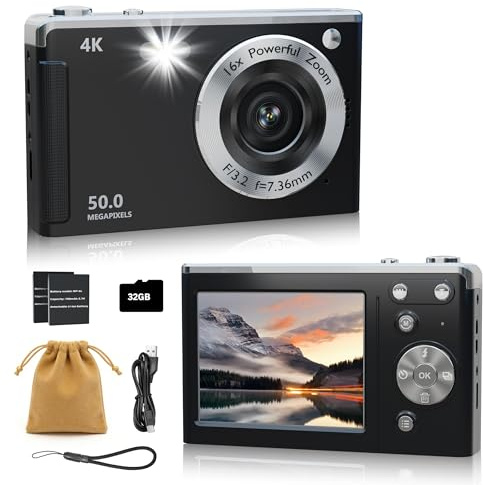 4K Digital Camera for Photography Autofocus,16X Zoom, 50MP Portable Compact Point and Shoot Digital Camera,Compact Travel Cameras for Beginners with 32GB Card, 2 Batteries, Black