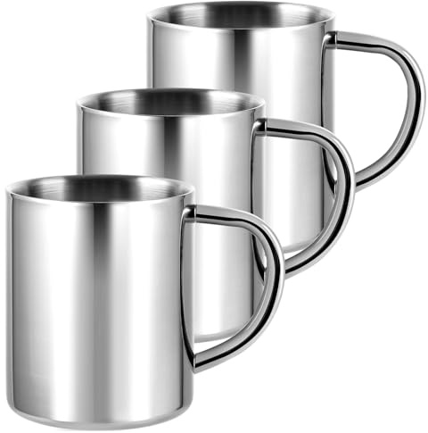 MUXHEL 3 Stück Edelstahlbecher 300 ml, Edelstahl Becher, Doppelwandiger Becher aus 304 Edelstahl mit Griff, Kaffeebecher Metall für Kaffee, Tee, Milch und Saft, Silber, Boxverpackung