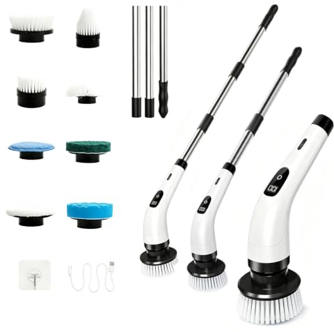 Electric Spin Scrubber, Cordless Cleaning Brush with 8 Replaceable Heads, 3-Section Extendable Handle, 2 Speeds 320/370 RPM, Type-C Charging & LED Display for Bathroom, Kitchen, Floor, Tiles & Car