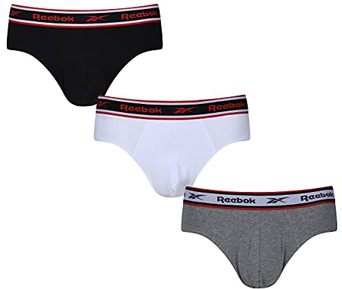 Reebok Chase Mens Briefs | Pack of 3 Sports Underpants, Breathable & Stretchable Cotton Underwear for Men | Multipack Mens Cotton Briefs | Sports Underwear for Men, Black/White/Grey, M
