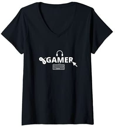 Damen Gamer WASD - Gaming Konsole PC Zocken Videospiel Game Spiel T-Shirt mit V-Ausschnitt