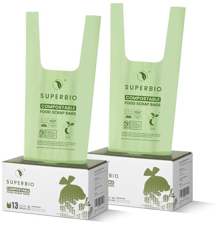 SUPERBIO 13 Gallon Handle Tie Compostable Food Waste Bags, 30 Count, 2 Pack, ASTM D6400, BPI and OK compost INDUSTRIAL, 49.2L, 0.87 Mil