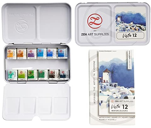 ZenArt Supplies Professional Watercolour Paint Set Vista - Non-Toxic 12 Half-Pan in Metal Tin Palette Portable Travel Vibrant Water Color, (SPN0022-PW12S-C)