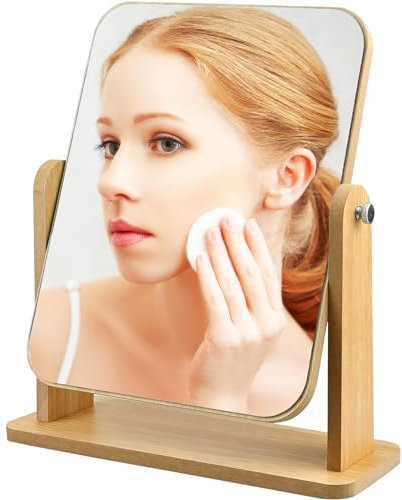 XFLYP 360 Grad Drehbarer Tisch-Schminkspiegel mit Ständer 22 X 17CM Hoch Klarer Hölzerner Desktop-Spiegel Rechteckiger Spiegel Für Bad, Schlafzimmer, Büro, Einfach und Stilvoll, Groß