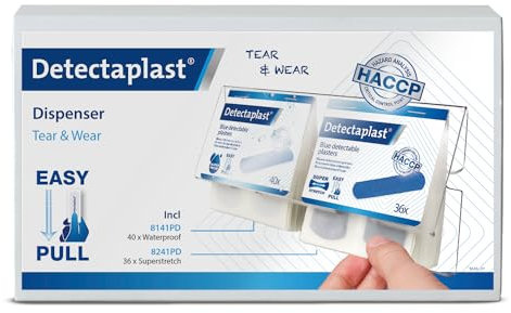 Detectaplast Pflasterspender Tear & Wear Mix, Pflasterbox inklusive blaue detektierbare 76 Pflaster Strips für die Gastronomie, Erste Hilfe Set mit elastischen und wasserfest Pflaster,