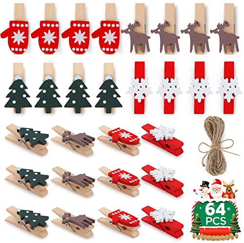 GeeRic Mollette Natale a Foto, 60PCS Mini Clip in Natale Mollette Legno+Corda Mollette per Cartolina Auguri DIY Appesa Decorazione Natalizia Alce Fiocco di Neve