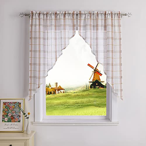 CORLIF 2 Teilig Transparente Scheibengardinen mit Tunnelzug Kariert Küchengardine Landhaus Fenster Gardinen Leinenoptik Bistrogardine mit Karo Muster H/B 120/125 cm Rot