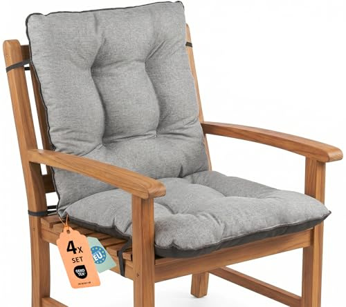 SuperKissen24. Stuhlkissen Sitzkissen und Rückenkissen für Stühle 4er Set 48x48x48 cm - Outdoor und Indoor - Auflagen für Gartenmöbel Wasserdicht - Grau Leinen