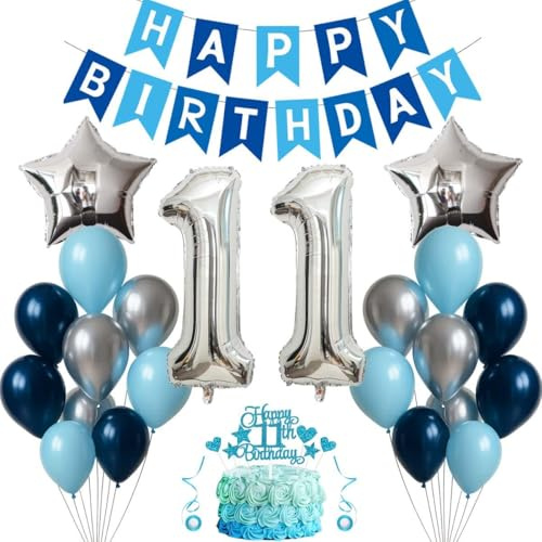 Jxuzh 11. Geburtstag Deko für Jungen und Mädchen - Marineblaue Silber Luftballons und Happy Birthday Banner für Birthday Party Deko