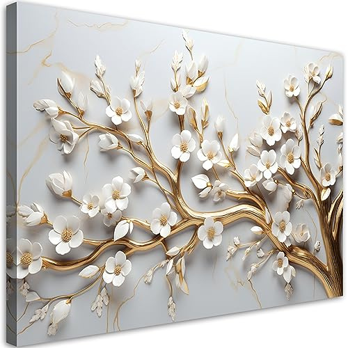 Feeby Bilder Gold 3D Blumen 90x60 cm 1 tlg Modern Leinwandbilder Bild auf Leinwand Kunstdruck Wand Bild Wanddeko Design Schlafzimmer Büro Flur Hotel Spa Wohnzimmer Magnolie Blumenmotiv Weiß