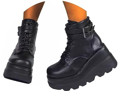 tinetill Bottes à Plateforme Femme Gothique Punk Bottines en PU D'hiver Bottes de Moto avec Fermeture à Glissière Talon Compensé Bottes à Lacets Boucle Sangles Chaussures Compensées
