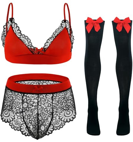 Happy Cherry Bikini Crossdressing Lencería Set para Hombres Sujetador Ropa Interior Medias Set 3 Piezas, Negro y rojo., L