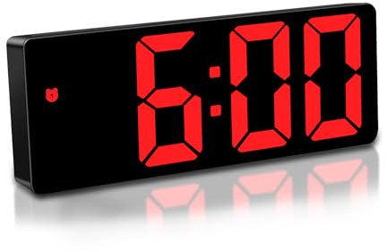 Mardiko Digital Alarm Clock Bedside Mains Powered Battery Alarm Clocks for Bedroom, Electric LED Alarm Clock Silent Non Ticking with Snooze Date Temperature Adjustable Brightness for Adult Kids, Red