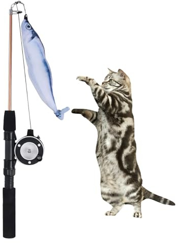 Indragbar kattpinne, extra lång fisk och fjäder dekorativ kattfiskespö form teaser kattpinne, interaktiva leksaker är utbytbara, justerbar linjelängd. (Pacific Saury)