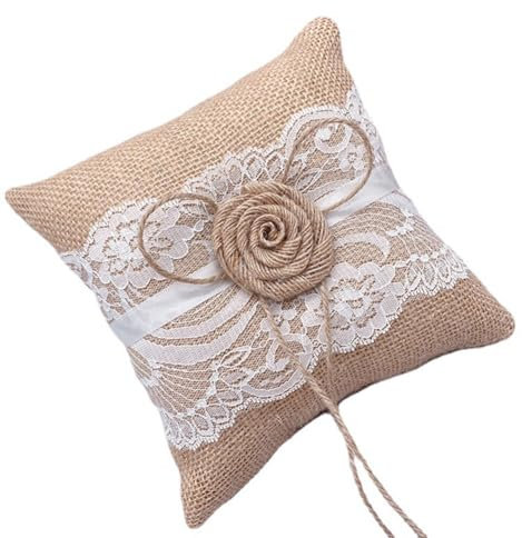 Wisafory Ringkissen Hochzeit Vintage Jute Schleife Ehering Kissen Spitze Blumen Brautkissen Hochzeitringkisse Spitzenkissen Sackleinen Wedding Ring Pillow für Hochzeit Verlobung 18 * 18cm