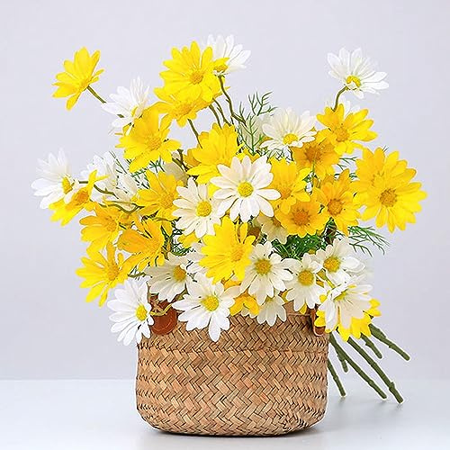 NatureMan Lot de 12 Fleurs artificielles en Soie résistantes aux UV avec tiges pour Maison, hôtel, Bureau, Jardin (Blanc, Jaune)