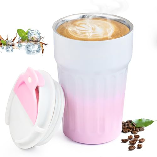 Bugucat Thermobecher 400ML, Doppelwandig Isolierbecher Edelstahl Kaffeebecher to go, Auslaufsicher Coffee to go Becher, Coffee Mug Trinkbecher mit deckel für Wasser Kaffee Tee Heißes Kaltes, Rosa