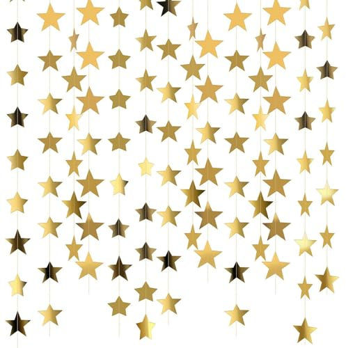 Reflective Star Paper Garland, 65 Feet Gold Star Bunting Party Garland Decorations Glitter Stars Hanging Banner for Birthday Wedding
