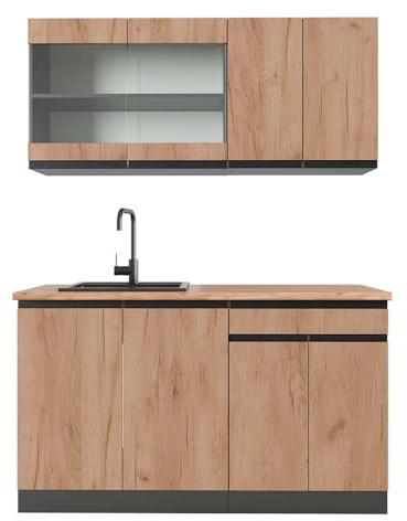 Vicco Singleküche R-Line, Goldkraft Eiche/Anthrazit, 140 cm J-Shape, AP Eiche, geeignet für Flexible Küchenanordnung und Erweiterungsmodule