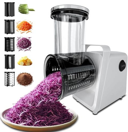 Electric Cheese Grater Salad Maker 300W Electric Vegetable Slicer Shredder Chopper for Fruits with 5 Different Shapes of Stainless Steel Blades Stainless Steel Food Cutter for Vegetables and Cheeses