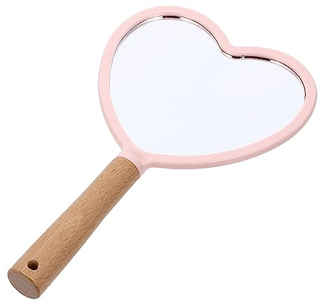 MERRYHAPY Handspiegel Mit Holzgriff Klein Tragbarer Kosmetikspiegel Herz Design Rosa Kompakter Schminkspiegel Für Damen Beauty Tool