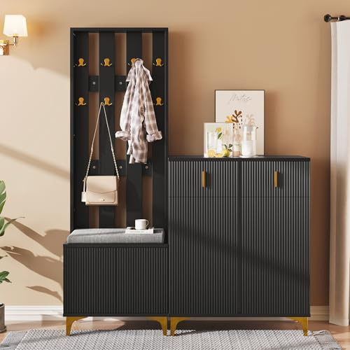 Ymkua Garderobenset mit Schuhbank und Kissen, Garderoben Set mit Haken, Schubladen und Türen, Flurgarderoben Sitzbank, Kompaktgarderobe, Wandgarderobe für Eingangsbereich (Schwarz)
