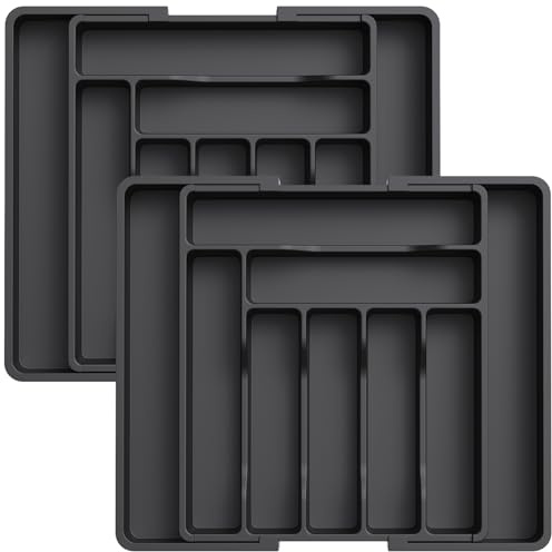 Lifewit Organizador Cuberteros para Cajon, Bandeja de Utensilios Extensible para Cocina, Separador Vajilla de Plástico para Almacenaje Cocina,Guarda Cuchillo Cuchara Tenedor,Mediano,Paquete de 2,Negro