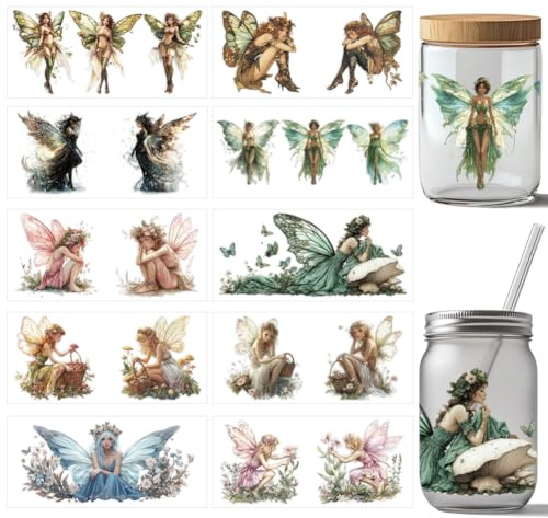 arricraft 10 Stück Elf UV DTF Cup Wrap Transferaufkleber 10 Stile Magic Fairy Transferpapier Aufkleber Zum Aufreiben PVC Cup Wrap Wasserfeste Abziehbilder Für Tassen Glas Holz Möbel 24x11cm