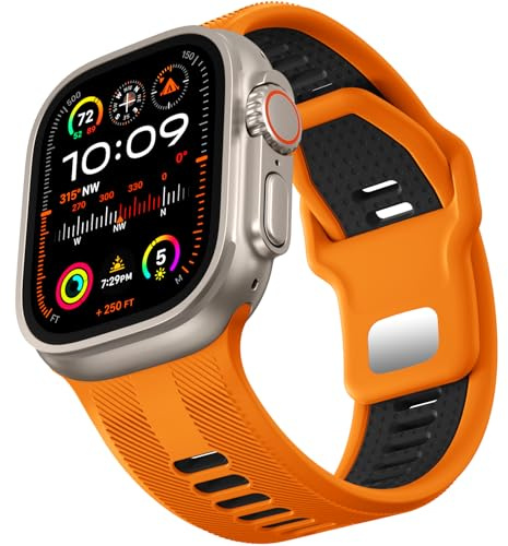 Dirrelo Armband kompatibelt med Apple Watch Ultra 2 49 mm 46 mm 45 mm 44 mm 42 mm 26 mm brett tvåfärgat mjukt sportarmband i silikon för iWatch SE Ultra 2 Series 1-10, orange/svart