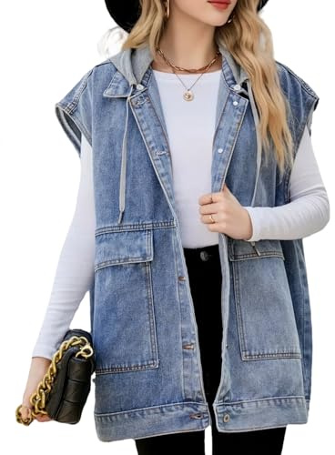AUKLETBLIEF Damen Oversized Denim Weste Ärmellos Lose Denim Jacken Retro Casual Jeansweste mit Kapuze (DE/NL/SE/PL, Alphanumerisch, M, Regular, Regular, Blau mit Hut 01)