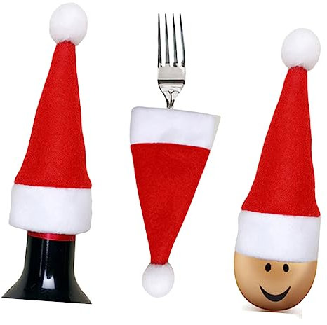 KICHOUSE 30 Pcs Mini Santa Claus Hut Besteck Tasche Weihnachten Silber Party Geschirr Lagerung Tasche