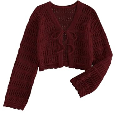 SHENHE Women's Tie Front Hollow Out Cover Up Summer Boho Knit Cardigan Crop Tops Burgundy Large
