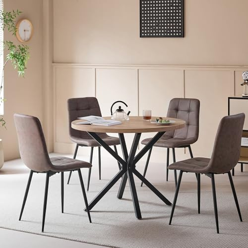 DEYARNA HOME Essgruppe 5-Teilig, 100cm Runder Esstisch und 4 Kunstleder Esszimmerstühle, Tisch und 4 Stühle für Küche, Wohnzimmer, Balkon, Restaurant, Büro (Helle Holzfarbe+Dunkelbraun)