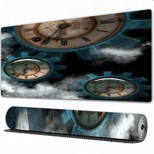 FEHWI Tappetino per mouse da gioco,grande,antiscivolo,impermeabile,con bordi cuciti,Sfondo Steampunk 3D di ingranaggi con centri di orologi e vapore,per gaming,ufficio,casa,90×40 cm