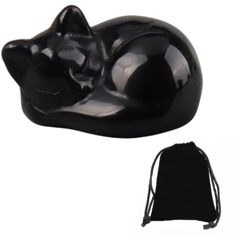 Viojrlly Obsidian Katze Kristalle Heilsteine Katzenkristalle Katzen Deko Schwarze Katze Figur Schlafende Glänzende Katzenstatue Stein Statue Steindekorationen für Katze Liebhaber Männer Frauen