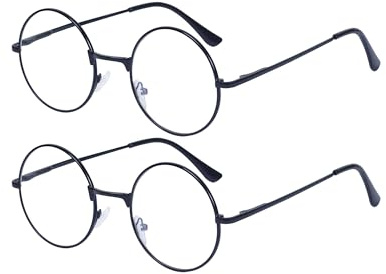 JoXiGo 2 Pezzi Occhiali da Lettura +1.5 (Nero+Nero) Donna Uomo Rotondi Vintage Montatura Metallo + Cinturino per Occhiali + Sacchetto per Occhiali